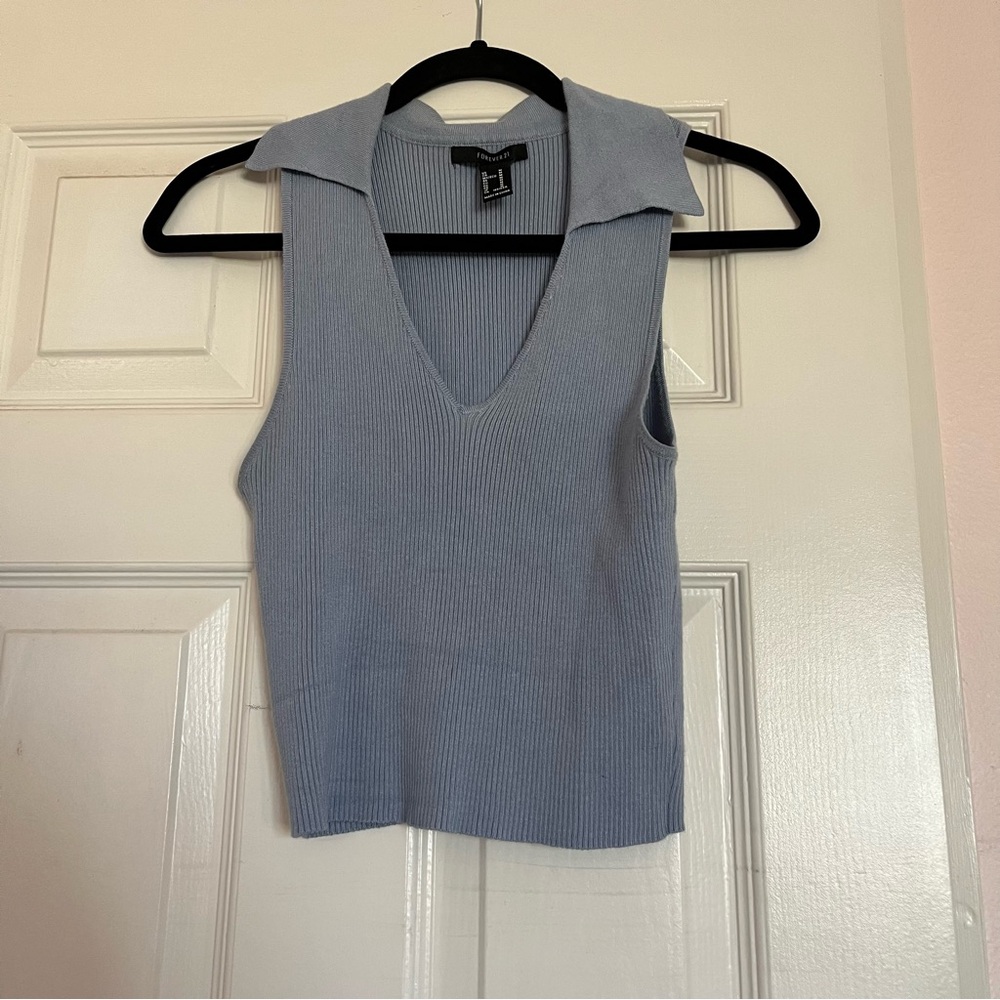 Knitted Baby Blue Collared V-neck Crop Top